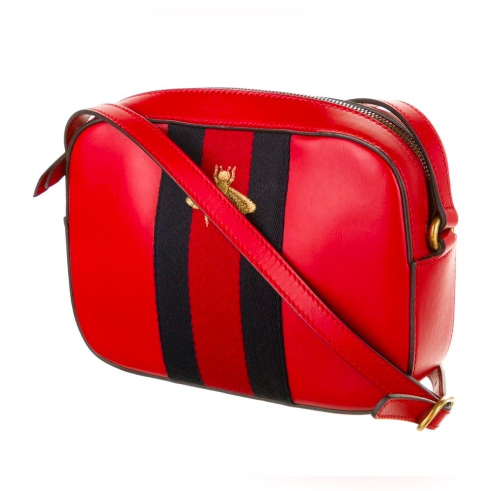 Gucci Web Accented Red Leather Bee Crossbody Bag - Picture 2 of 3